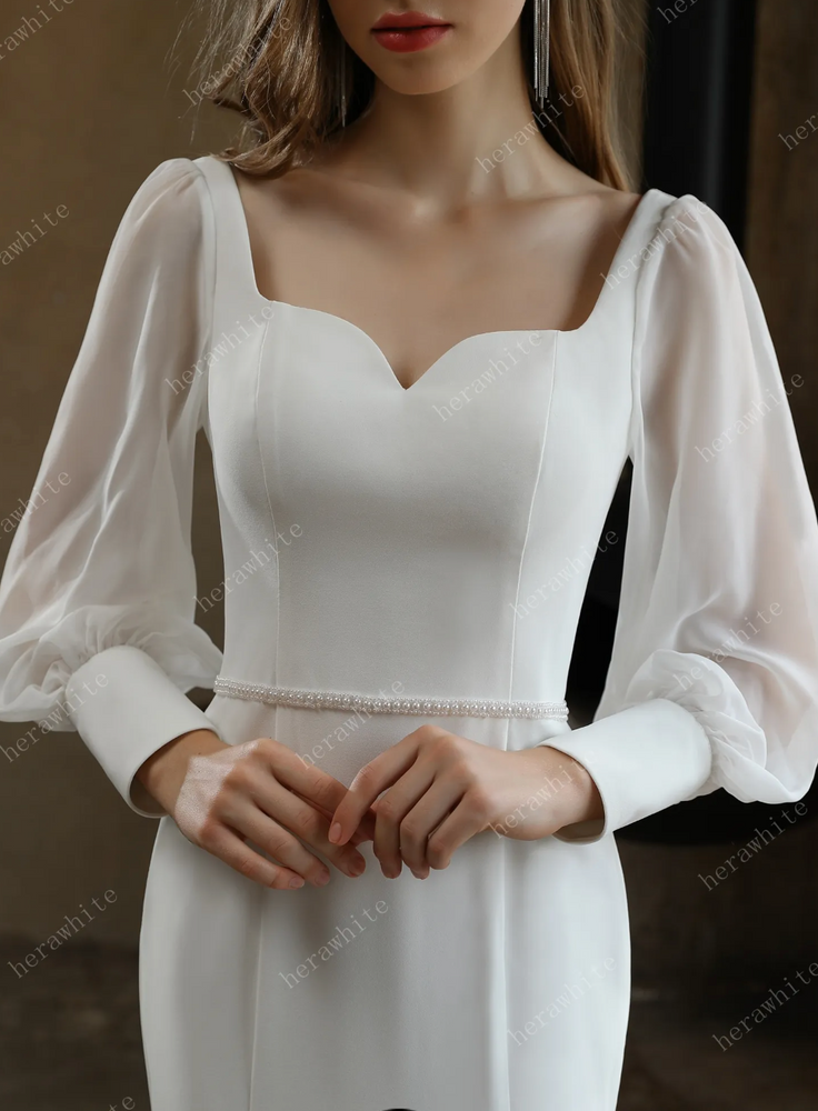 
                      
                        Classic Fit and Flare Wedding Gown with Puff Chiffon Sleeves
                      
                    