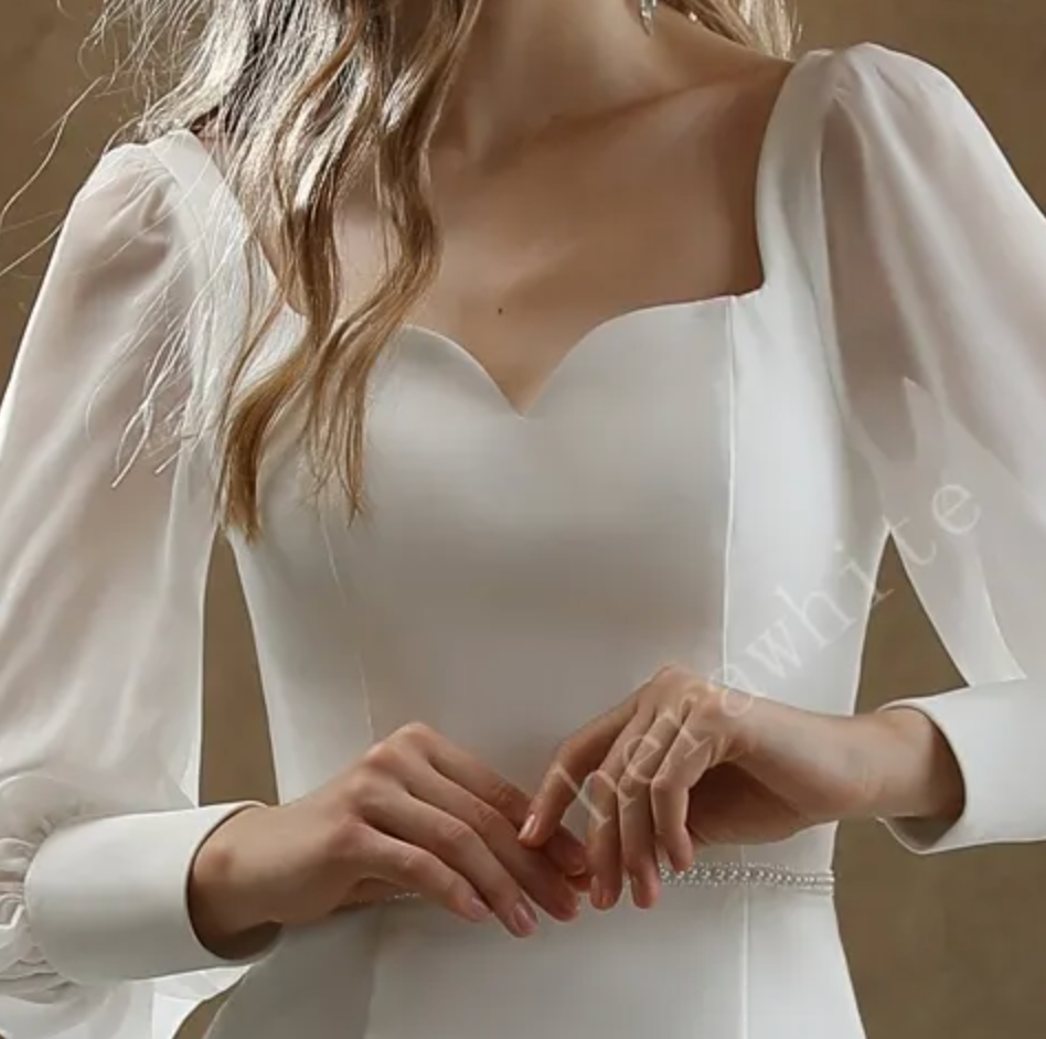 
                      
                        Classic Fit and Flare Wedding Gown with Puff Chiffon Sleeves
                      
                    