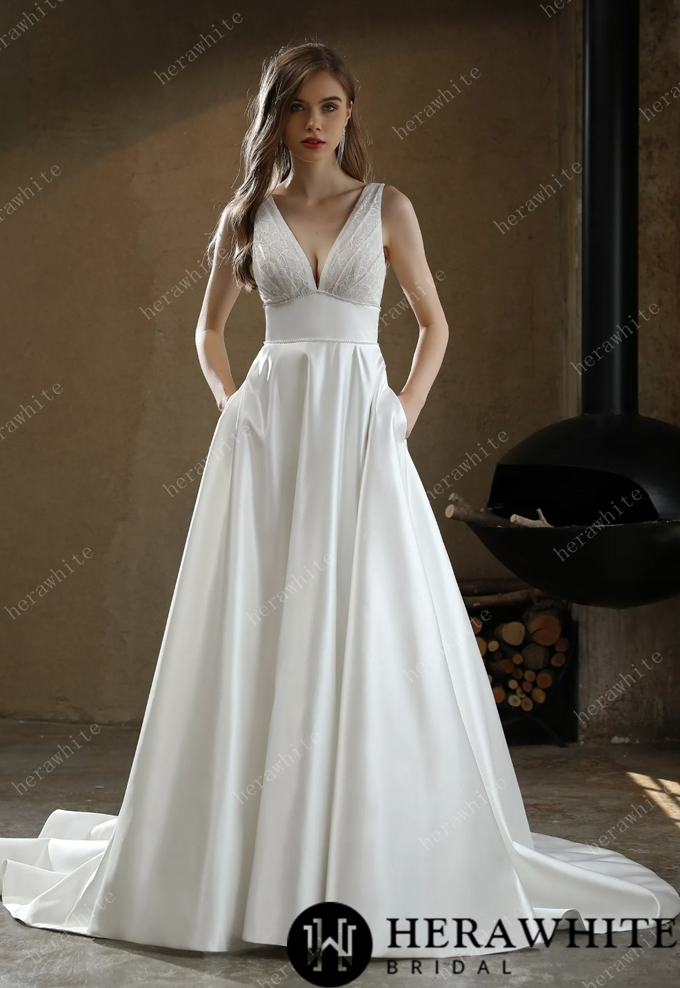 Timeless Satin V-Neck Bridal Gown with Chapel Train