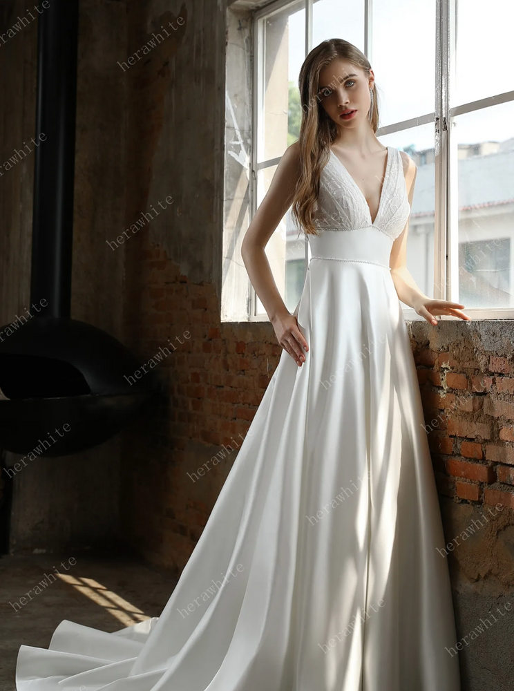 Timeless Satin V-Neck Bridal Gown with Chapel Train