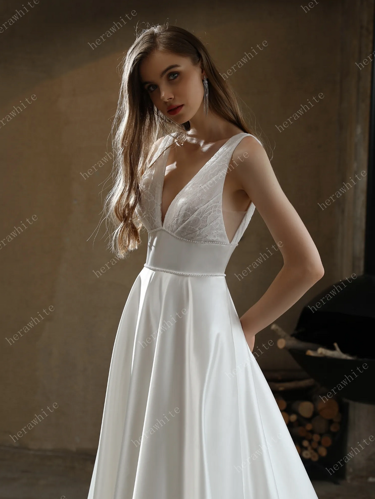 
                      
                        Timeless Satin V-Neck Bridal Gown with Chapel Train
                      
                    