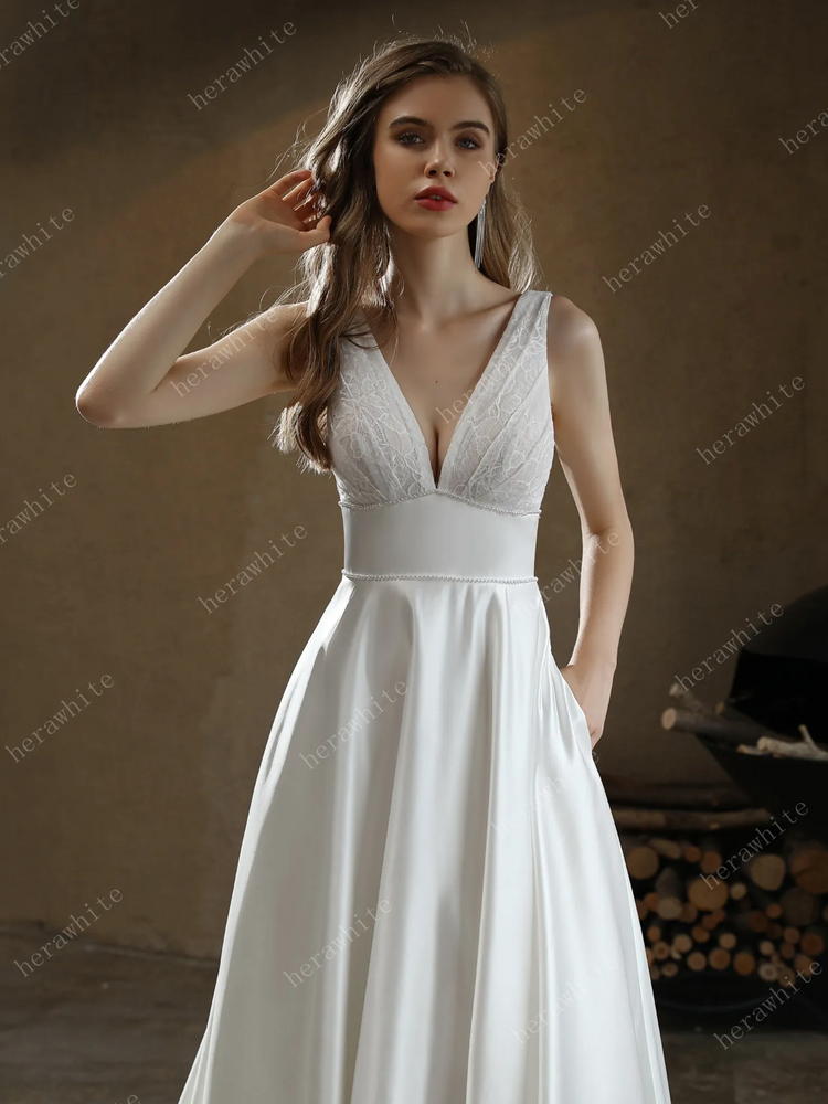 
                      
                        Timeless Satin V-Neck Bridal Gown with Chapel Train
                      
                    