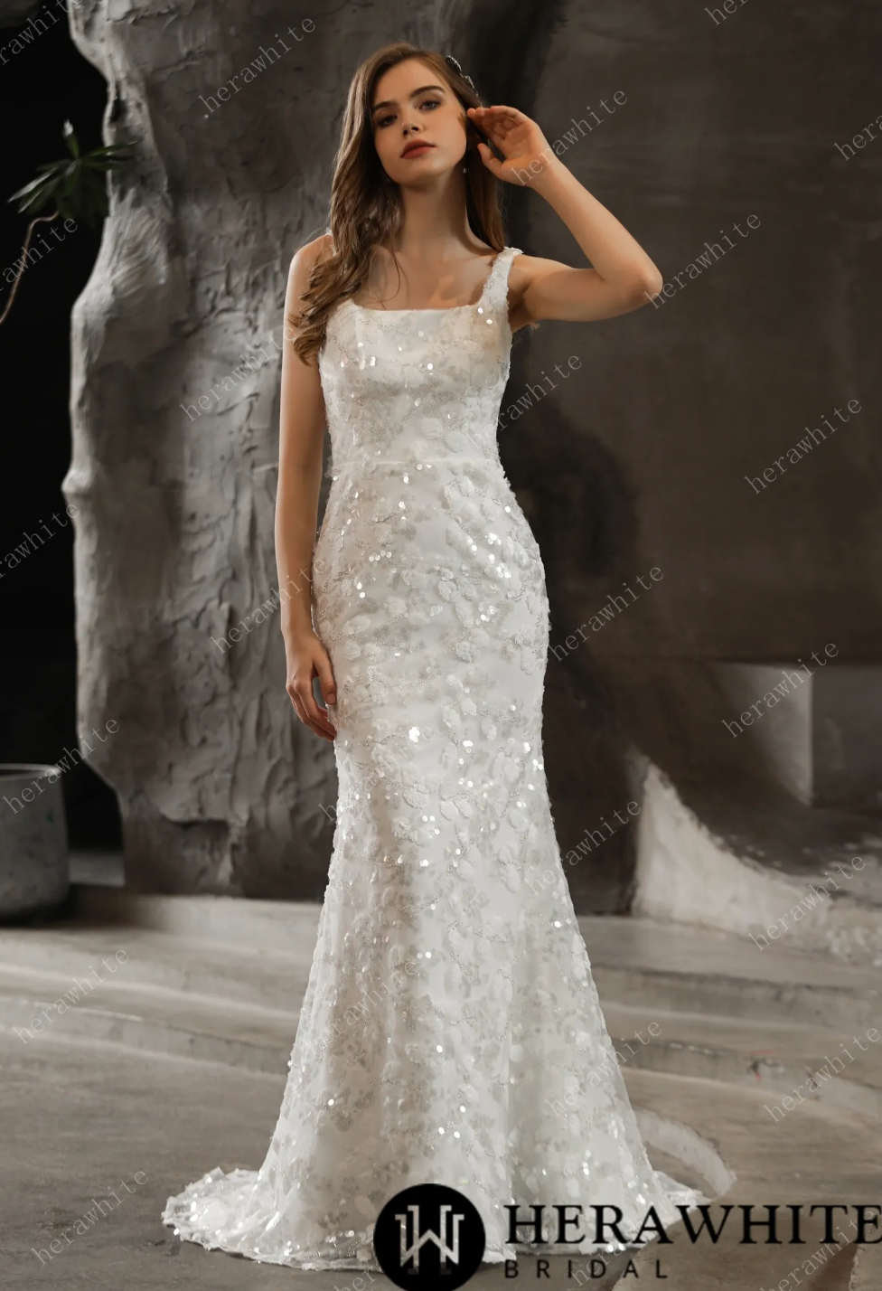 Shimmery Sequined Lace Square Neckline Wedding Dress