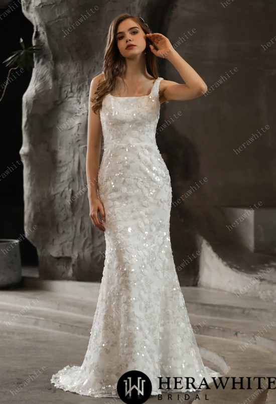 Load image into Gallery viewer, Shimmery Sequined Lace Square Neckline Wedding Dress

