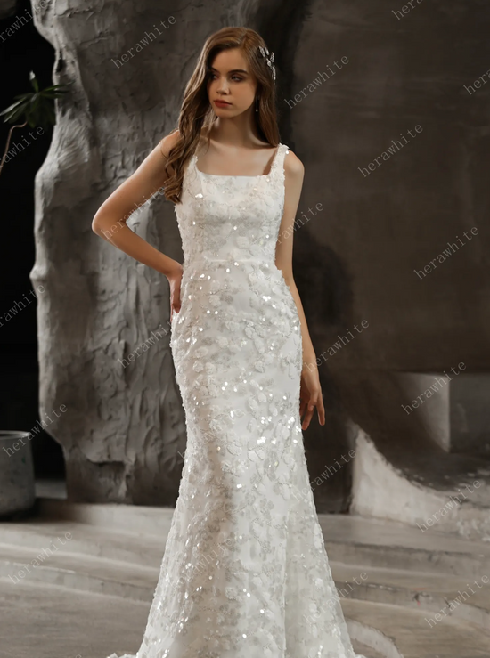Load image into Gallery viewer, Shimmery Sequined Lace Square Neckline Wedding Dress
