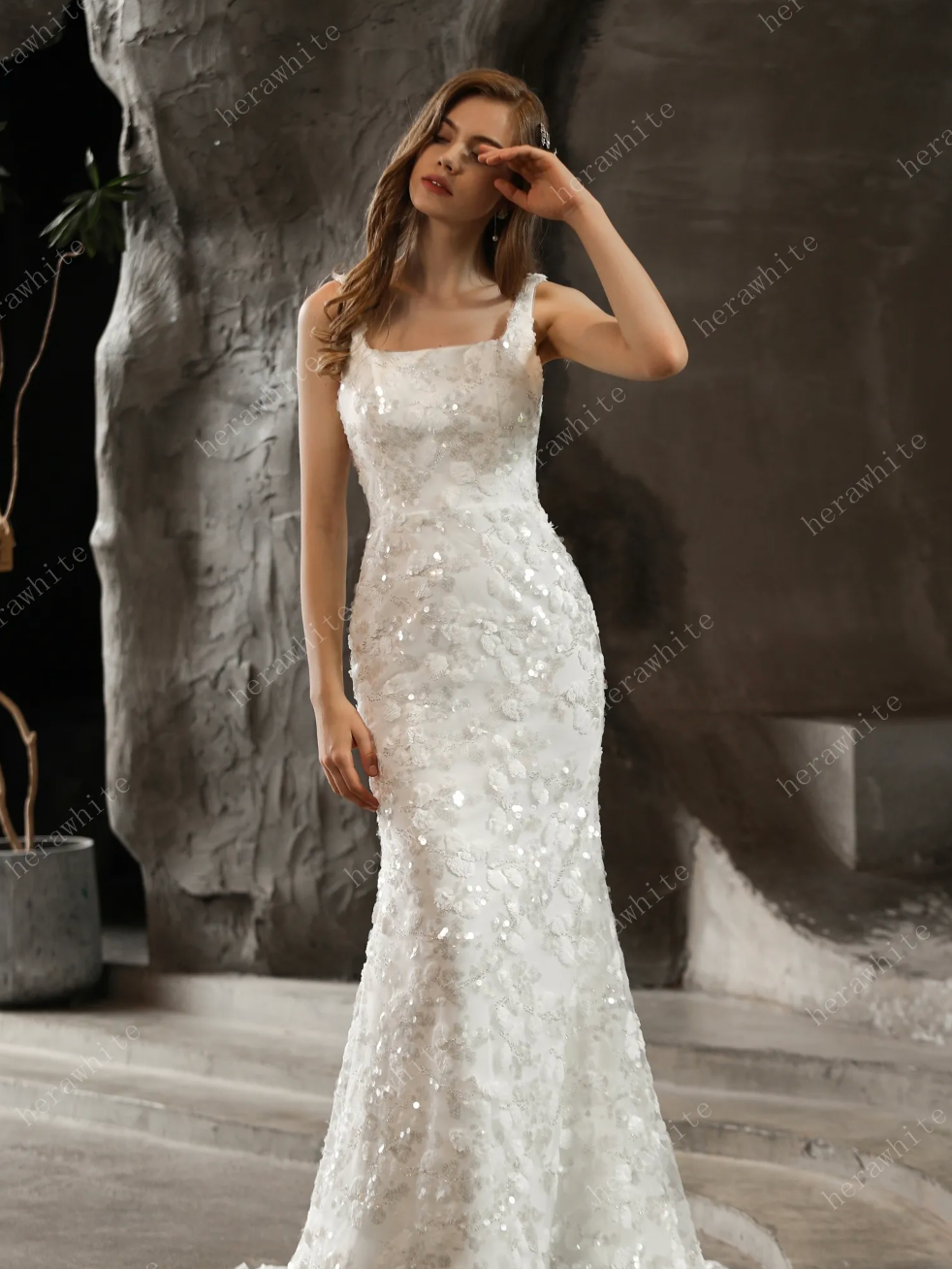 Floral Lace Column Sheath Wedding Dress with Square Neckline and