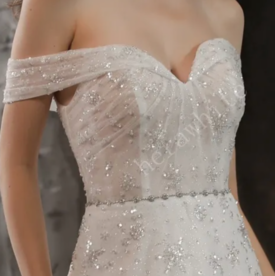 Load image into Gallery viewer, Sparkly Beaded Lace A-Line Bridal Gown With Off the Shoulder Neckline
