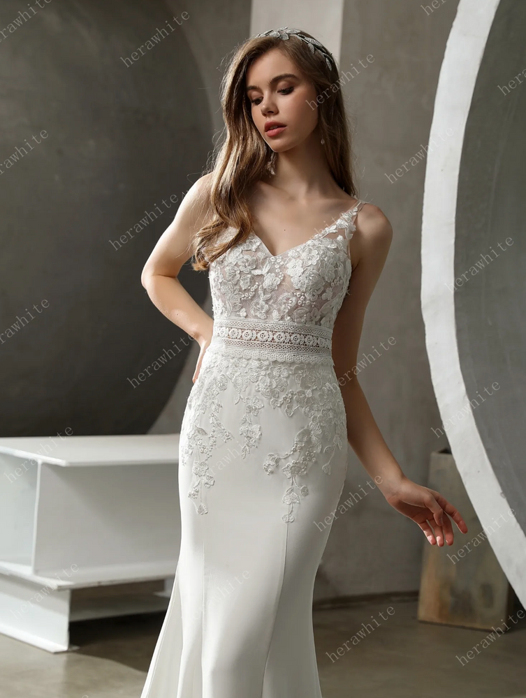 
                      
                        Crepe and Lace Fit and Flare Dress with Illusion Scalloped Train
                      
                    