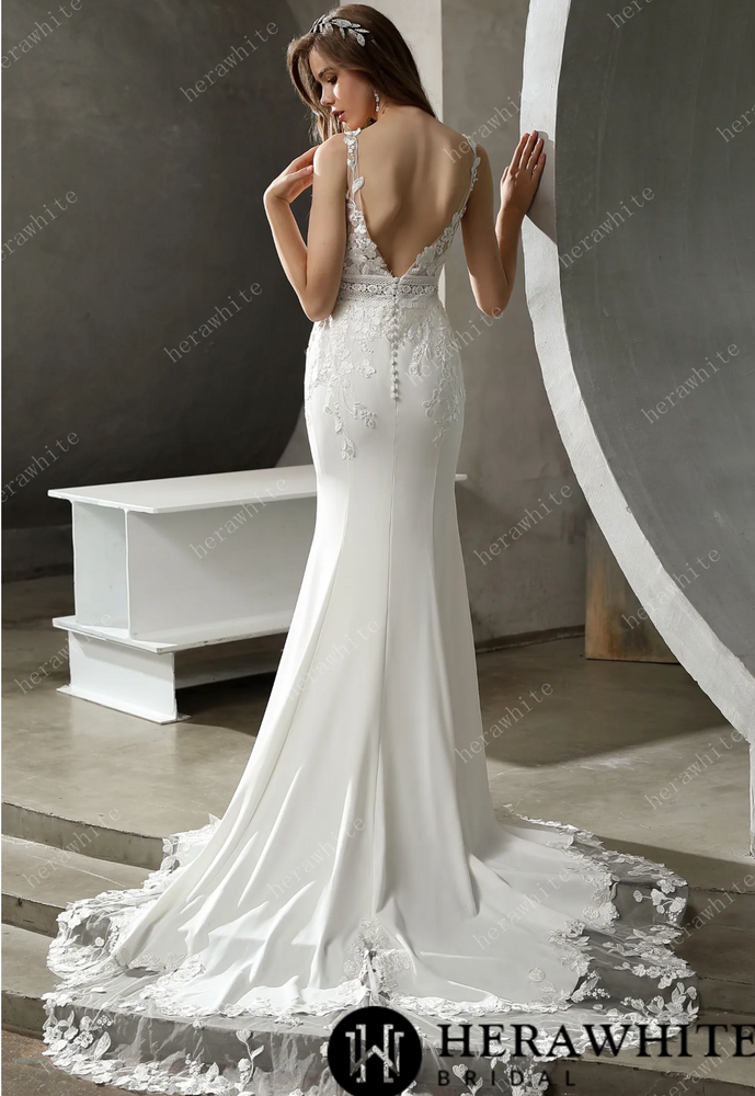 
                      
                        Crepe and Lace Fit and Flare Dress with Illusion Scalloped Train
                      
                    