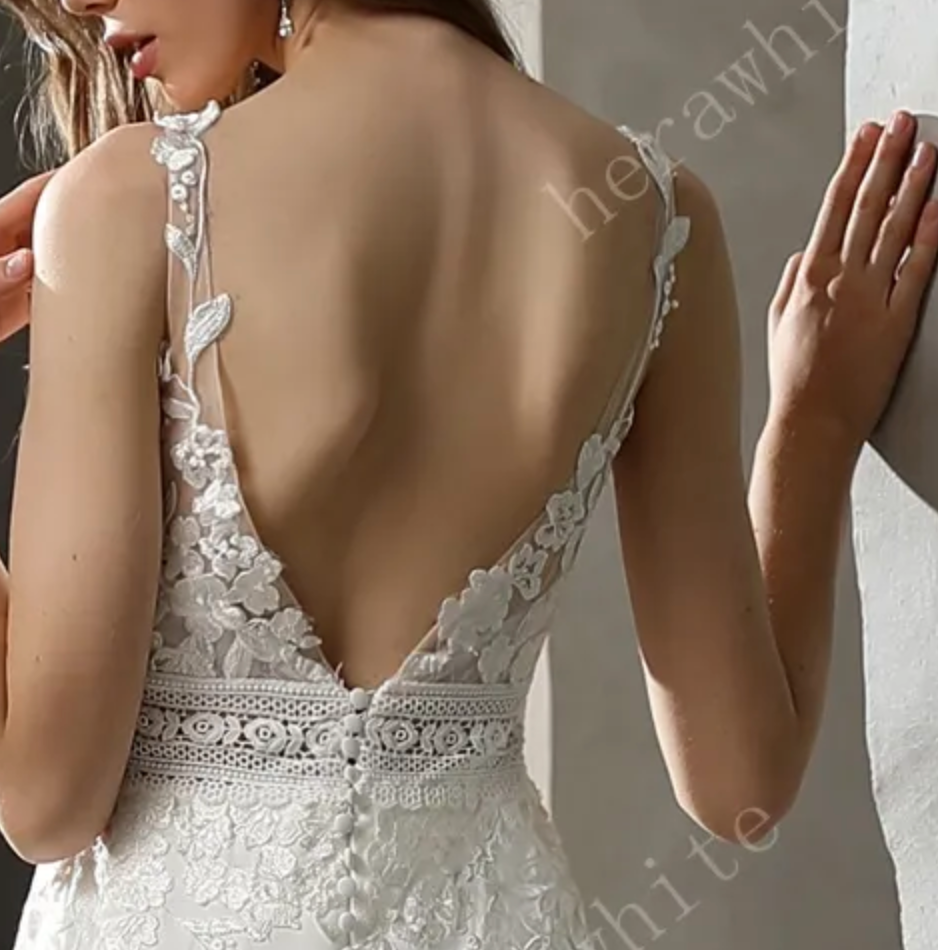 
                      
                        Crepe and Lace Fit and Flare Dress with Illusion Scalloped Train
                      
                    