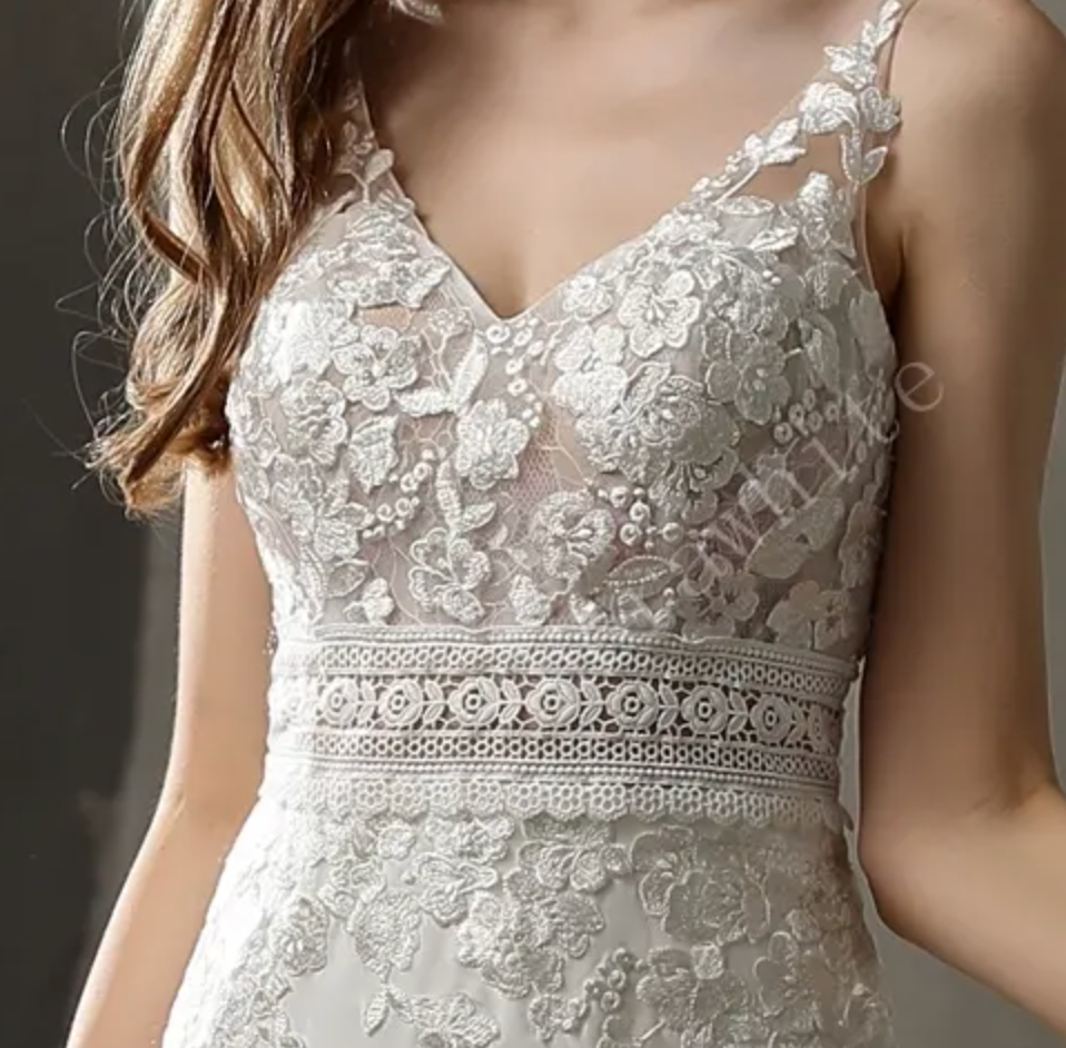 
                      
                        Crepe and Lace Fit and Flare Dress with Illusion Scalloped Train
                      
                    