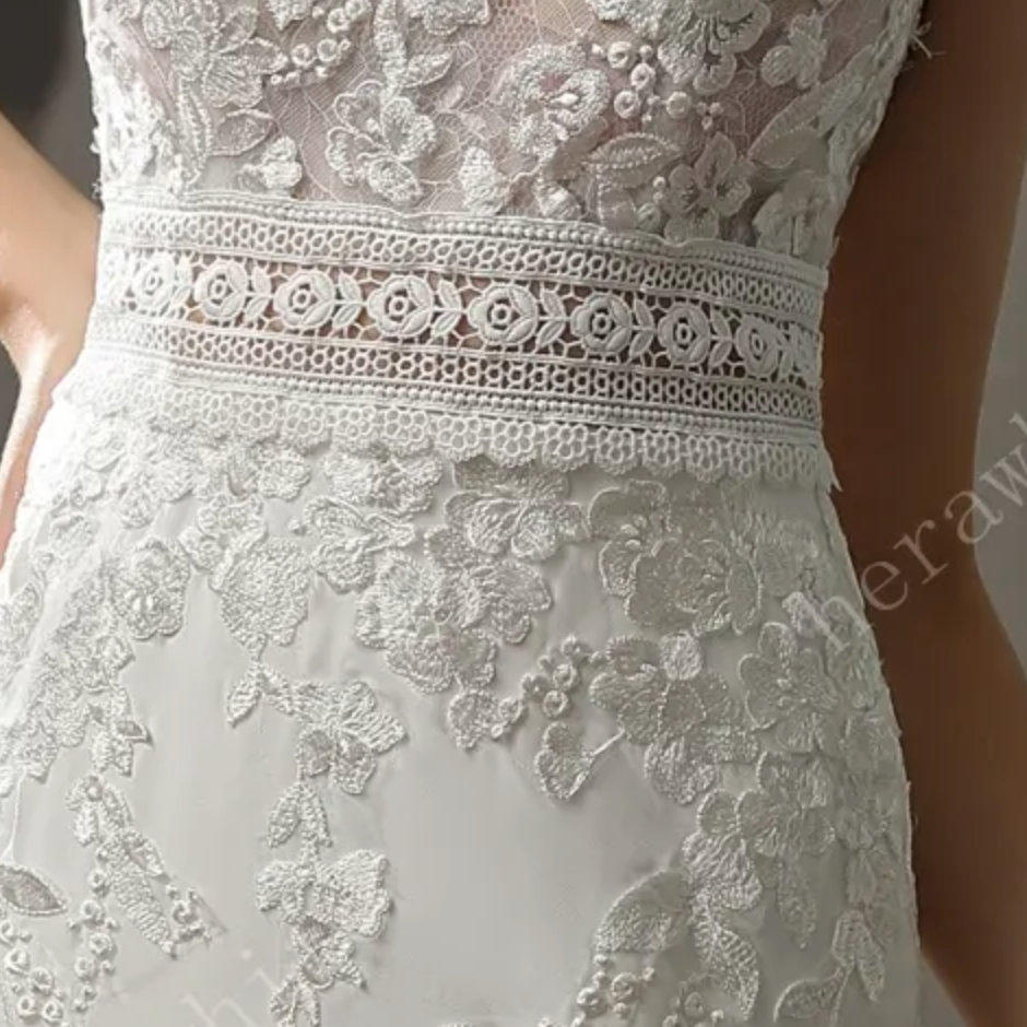 
                      
                        Crepe and Lace Fit and Flare Dress with Illusion Scalloped Train
                      
                    