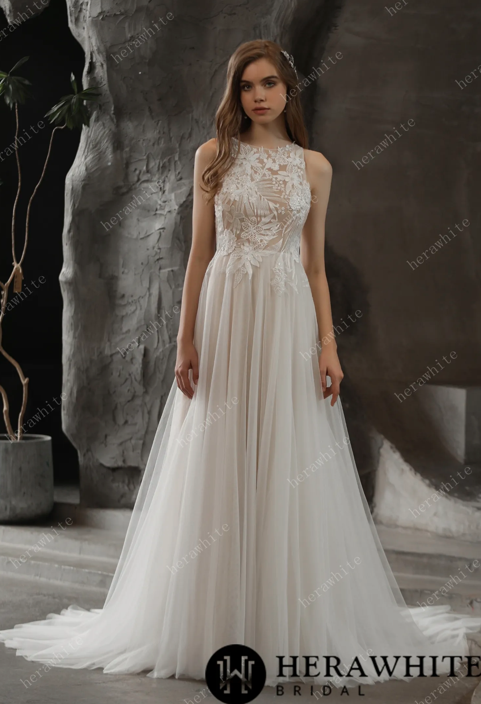 Bateau Neckline A-line Wedding Gown with Sequined Lace