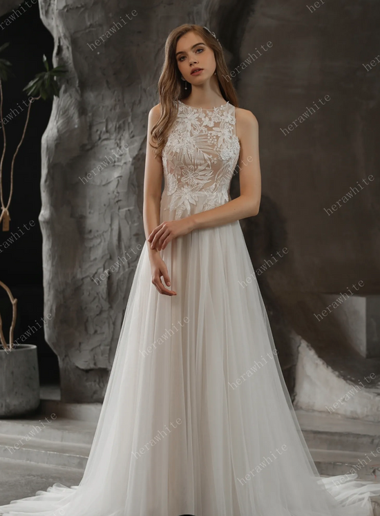 Bateau Neckline A-line Wedding Gown with Sequined Lace