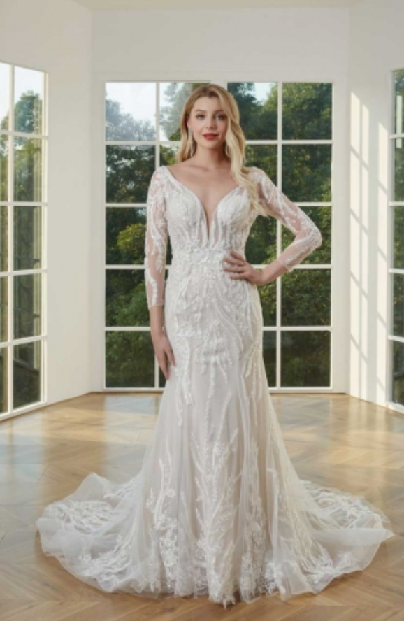 Illusion Lace Sleeve Mermaid Wedding Dress