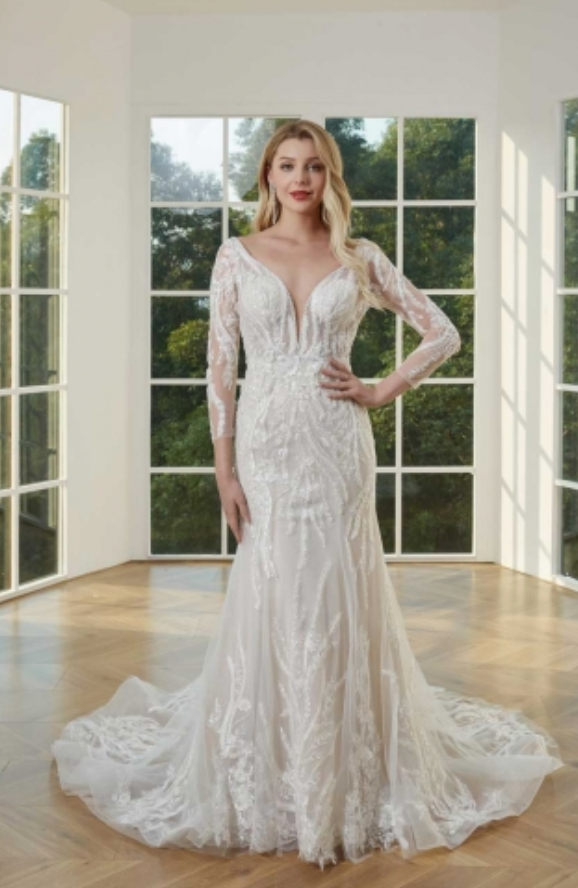 Load image into Gallery viewer, Illusion Lace Sleeve Mermaid Wedding Dress
