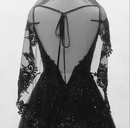 Glitter Black Ball Gown with Lace Shoulder Cape