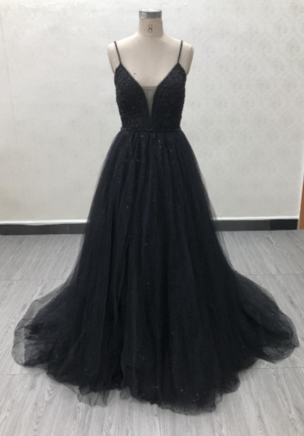 
                      
                        Sequined Beaded Lace Sleeveless Black A Line Gown with Train
                      
                    