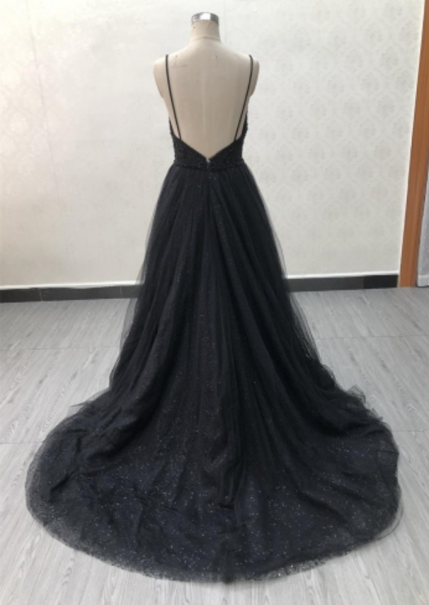 
                      
                        Sequined Beaded Lace Sleeveless Black A Line Gown with Train
                      
                    