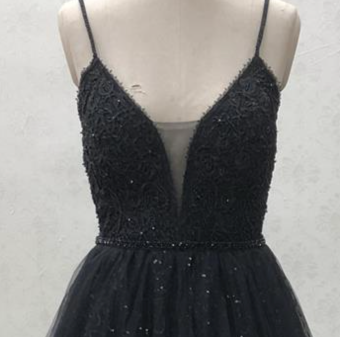 
                      
                        Sequined Beaded Lace Sleeveless Black A Line Gown with Train
                      
                    