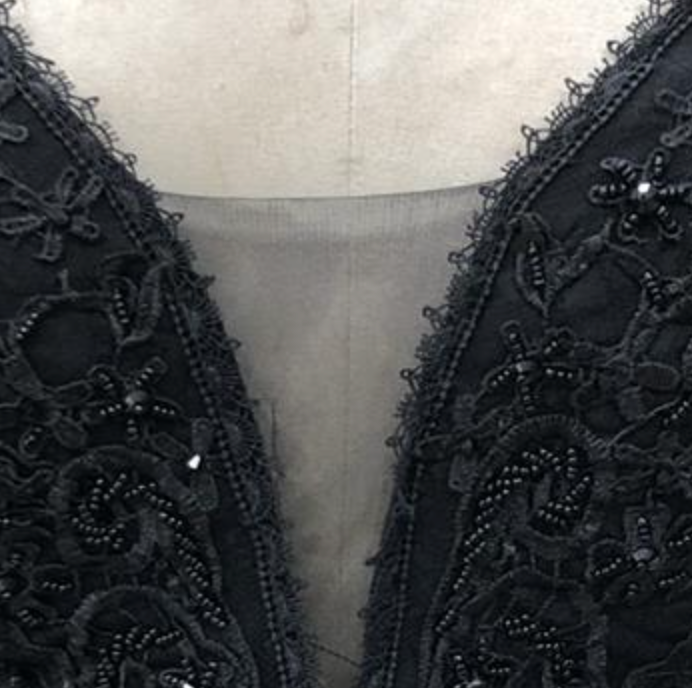 
                      
                        Sequined Beaded Lace Sleeveless Black A Line Gown with Train
                      
                    