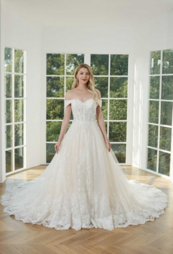 
                      
                        Beaded Lace Off Shoulder Ball Gown with Chapel Train
                      
                    