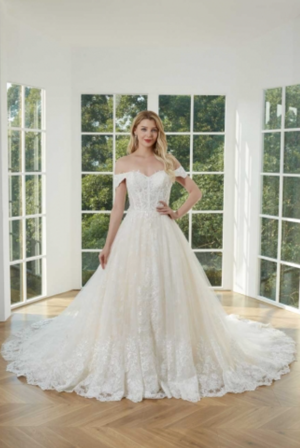 
                      
                        Beaded Lace Off Shoulder Ball Gown with Chapel Train
                      
                    