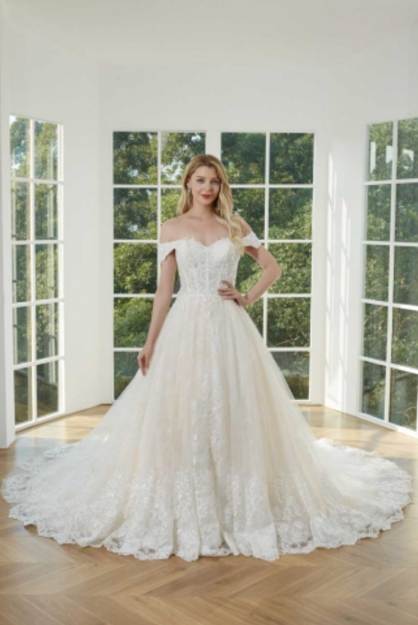 Beaded Lace Off Shoulder Ball Gown with Chapel Train