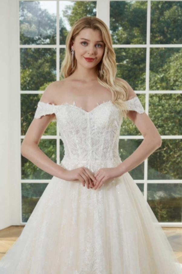 
                      
                        Beaded Lace Off Shoulder Ball Gown with Chapel Train
                      
                    