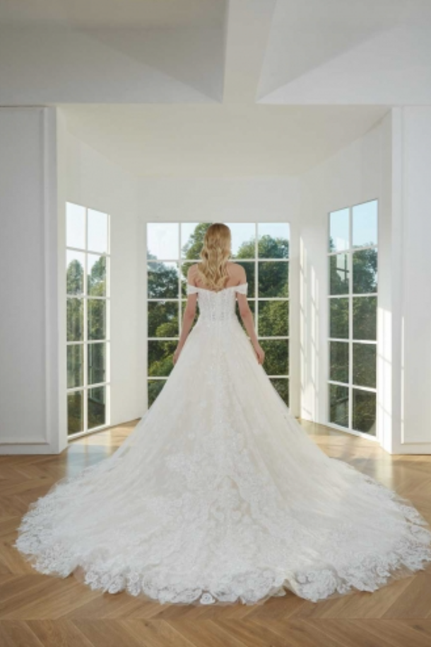 
                      
                        Beaded Lace Off Shoulder Ball Gown with Chapel Train
                      
                    