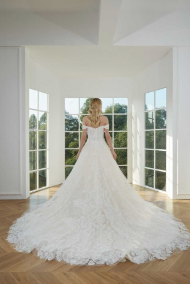 Beaded Lace Off Shoulder Ball Gown with Chapel Train
