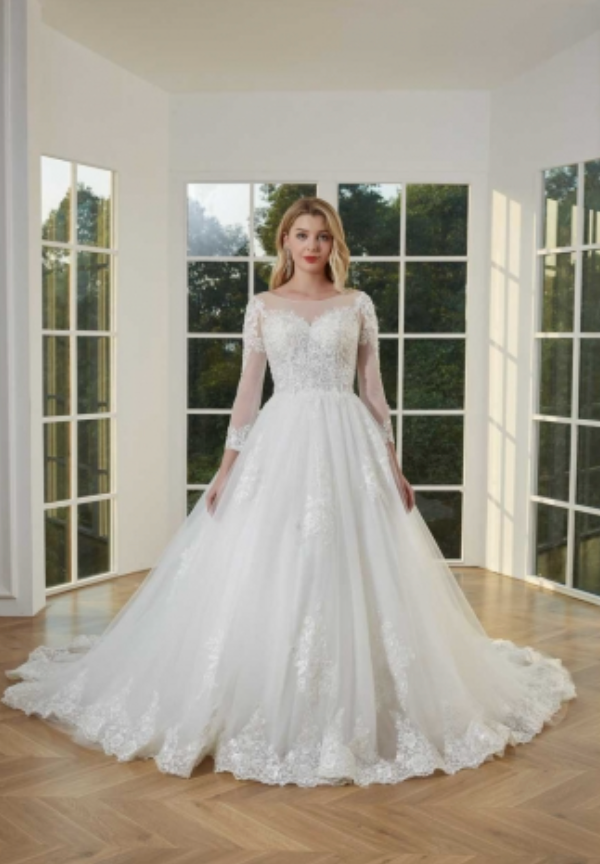 Illusion Long Lace Sleeve Beaded Bodice Wedding Ball Gown