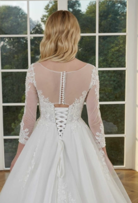 Load image into Gallery viewer, Illusion Long Lace Sleeve Beaded Bodice Wedding Ball Gown
