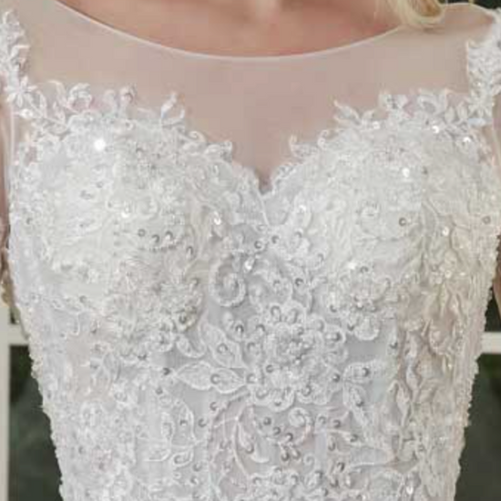 Load image into Gallery viewer, Illusion Long Lace Sleeve Beaded Bodice Wedding Ball Gown
