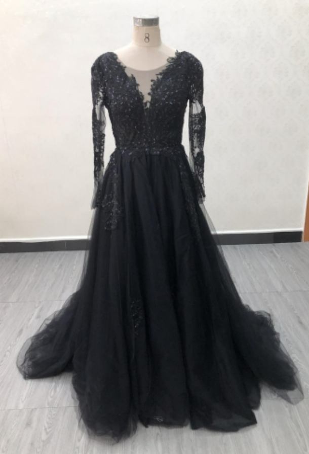 Illusion Black Lace A Line Wedding Bridal with Train