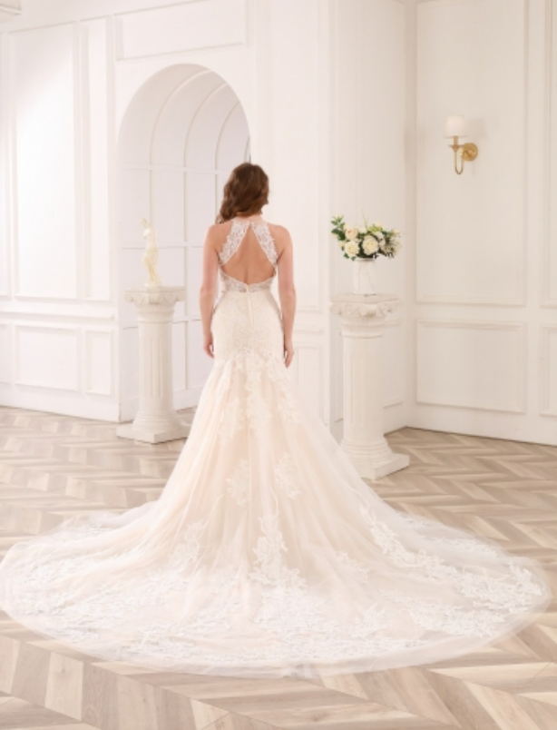 High Neck Open Back Lace Tulle Bridal Wedding Gown