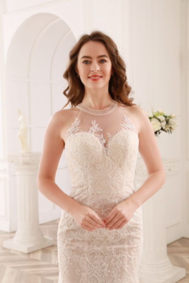 
                      
                        High Neck Open Back Lace Tulle Bridal Wedding Gown
                      
                    