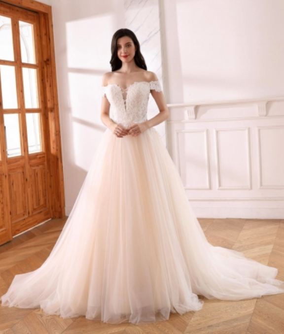 Mini Pearl A Line Off Shoulder Sleeve Bridal Wedding Gown