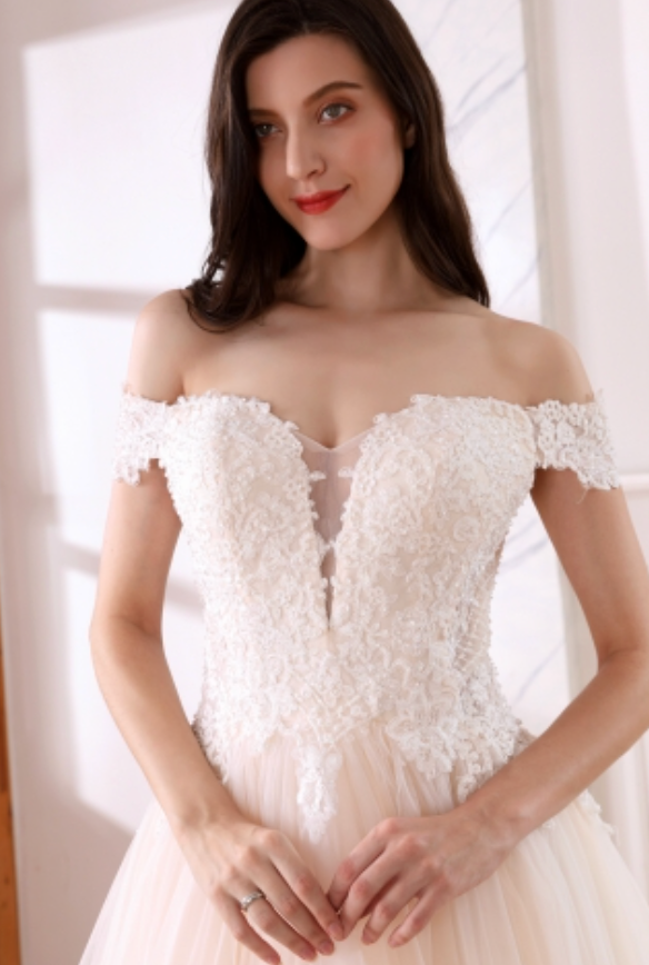 
                      
                        Mini Pearl A Line Off Shoulder Sleeve Bridal Wedding Gown
                      
                    