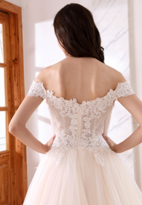 Mini Pearl A Line Off Shoulder Sleeve Bridal Wedding Gown