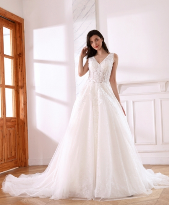 Pearl Sequined Lace Tulle A Line Bridal Wedding Gown