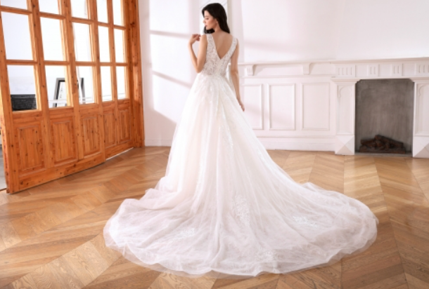 Pearl Sequined Lace Tulle A Line Bridal Wedding Gown