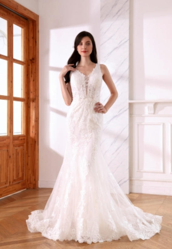 Sequined Lace Bridal A Line Wedding Gown