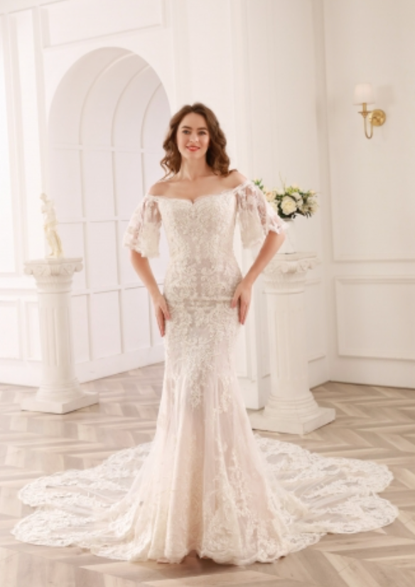 Off The Shoulder Lace Bell Sleeve Bridal Wedding Gown