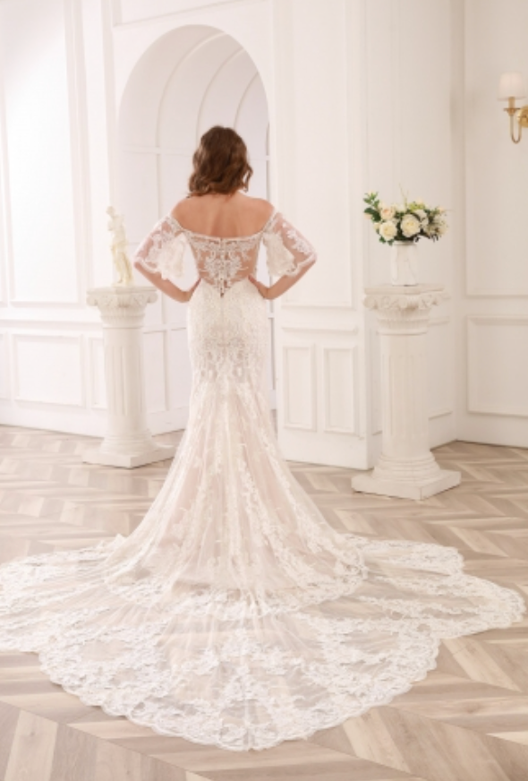 Off The Shoulder Lace Bell Sleeve Bridal Wedding Gown