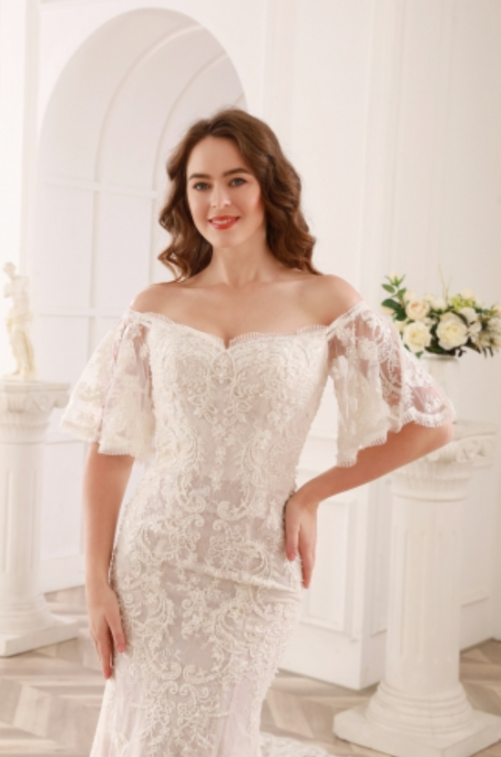 Load image into Gallery viewer, Off The Shoulder Lace Bell Sleeve Bridal Wedding Gown
