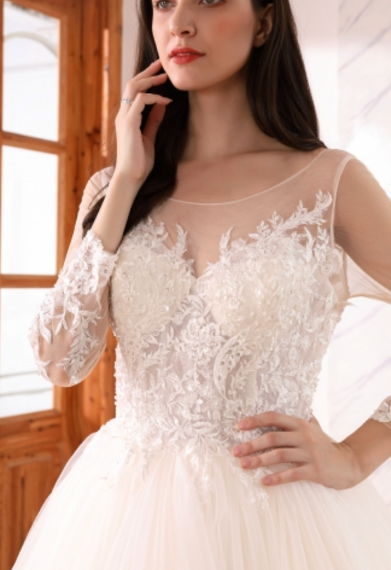 Illusion Long Sleeve Sequined Lace Tulle A Line Bridal Gown