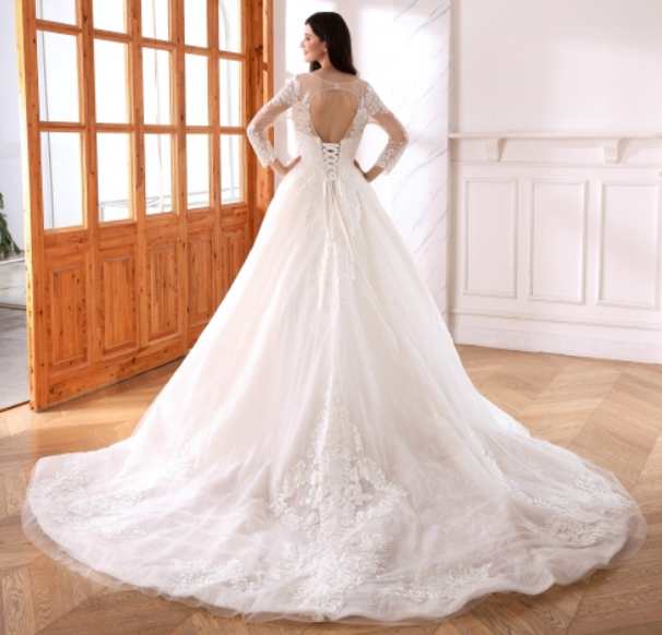 
                      
                        Satin Lace Illusion Sleeve A Line Bridal Wedding Ball Gown
                      
                    