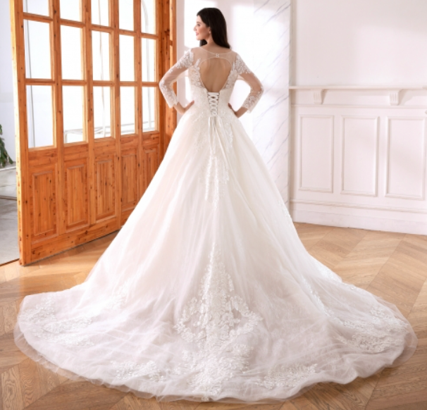 Satin Lace Illusion Sleeve A Line Bridal Wedding Ball Gown