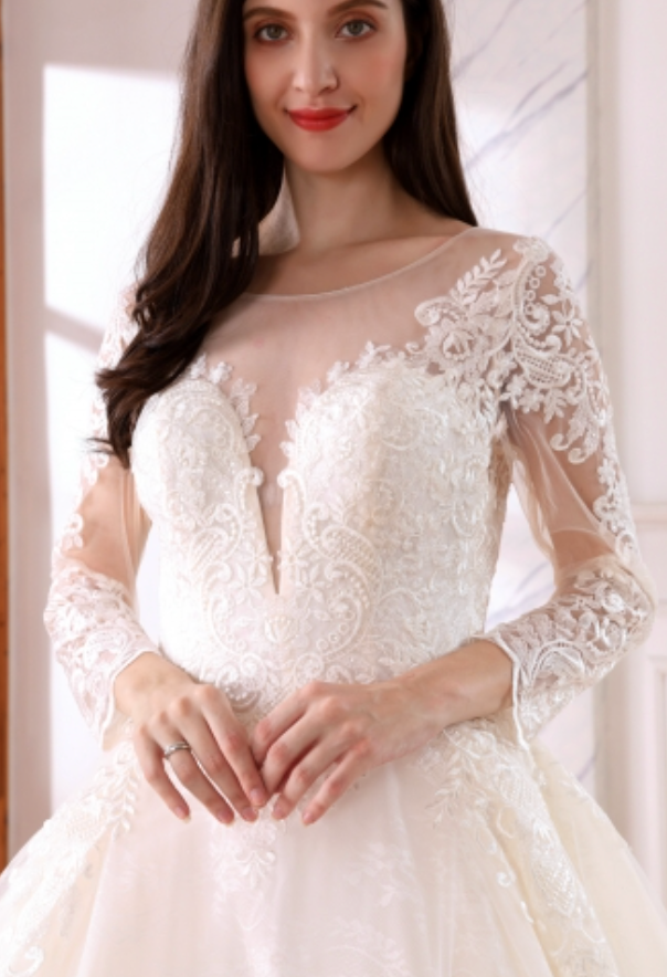 
                      
                        Satin Lace Illusion Sleeve A Line Bridal Wedding Ball Gown
                      
                    